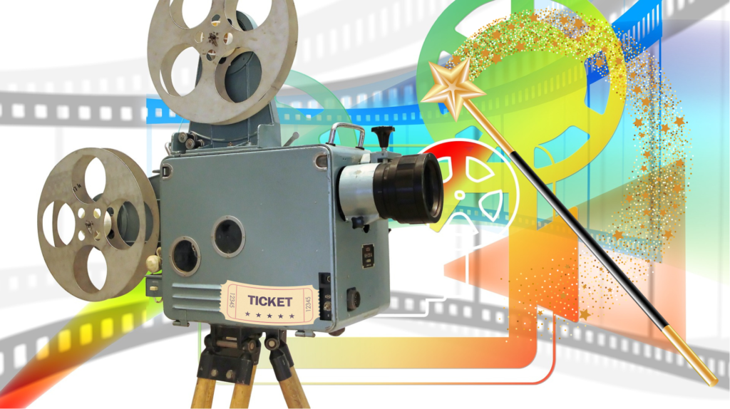 grafika przedstawiająca projektor, taśmy filmowe oraz magiczną różczkę